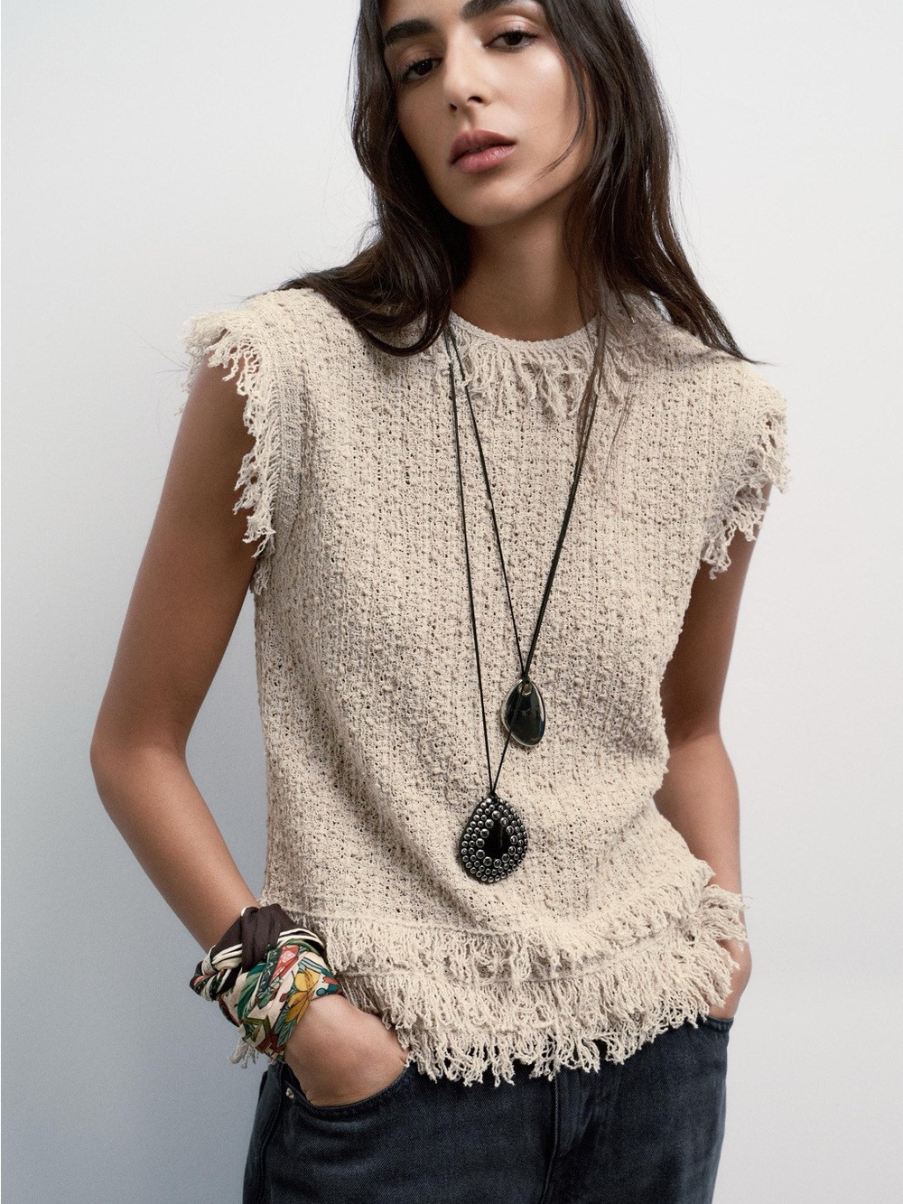 Zara Fringed Knit Tank Top in Beige